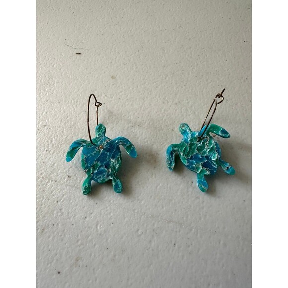 Handmade Tropical Mosaic Blue Sea Green Honu Turtle Ocean Hoop Dangle Earrings - Picture 2 of 2